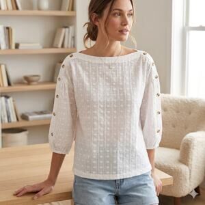 Buru White  Button Embroidered Detail 3/4 Sleeve   Top Small